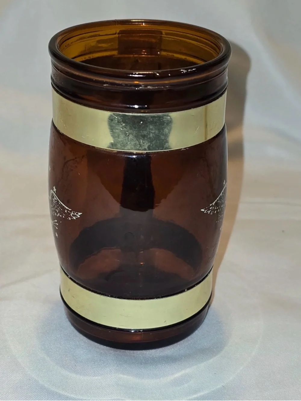 Vintage Siesta Ware Amber Glass Barrel Mug Wood Handle American Patriotic Eagle